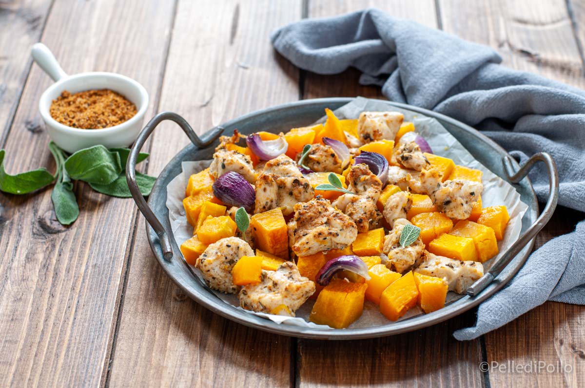 Petto di pollo con zucca e spezie al forno