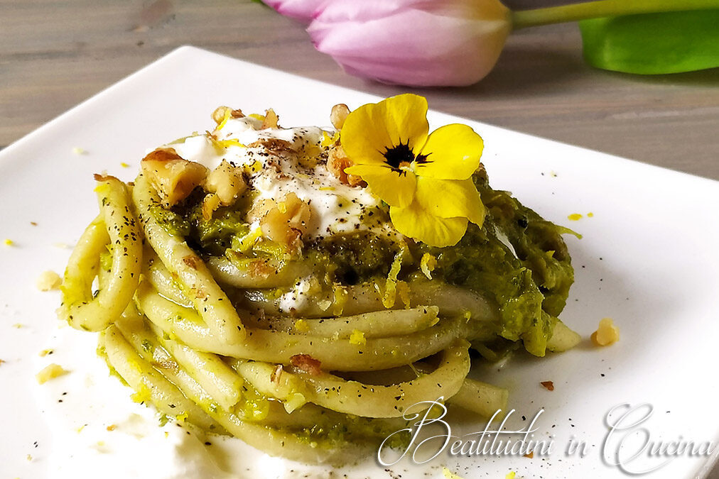 Pici al pesto di asparagi e stracciatella di bufala