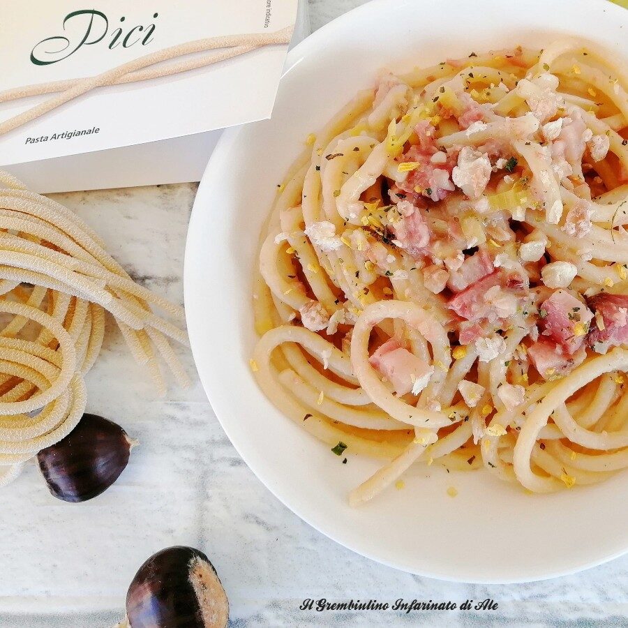 Pici con speck castagne e scorza di limone