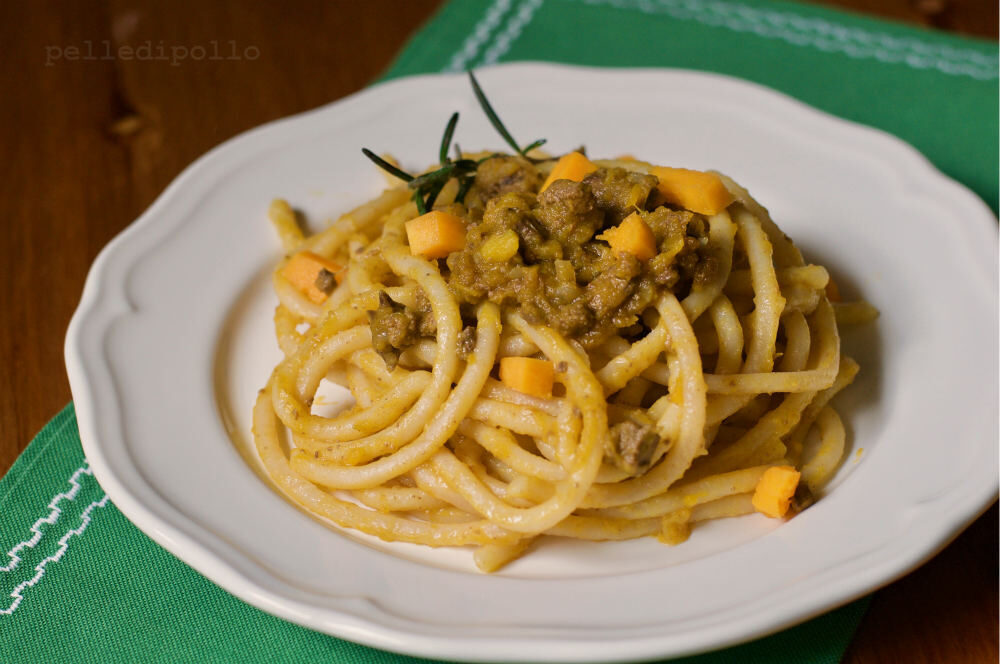 Pici toscani con fegatini e zucca
