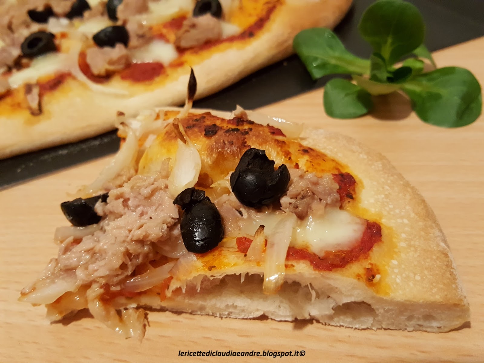 Pizza con pomodoro, tonno, cipolle e olive nere