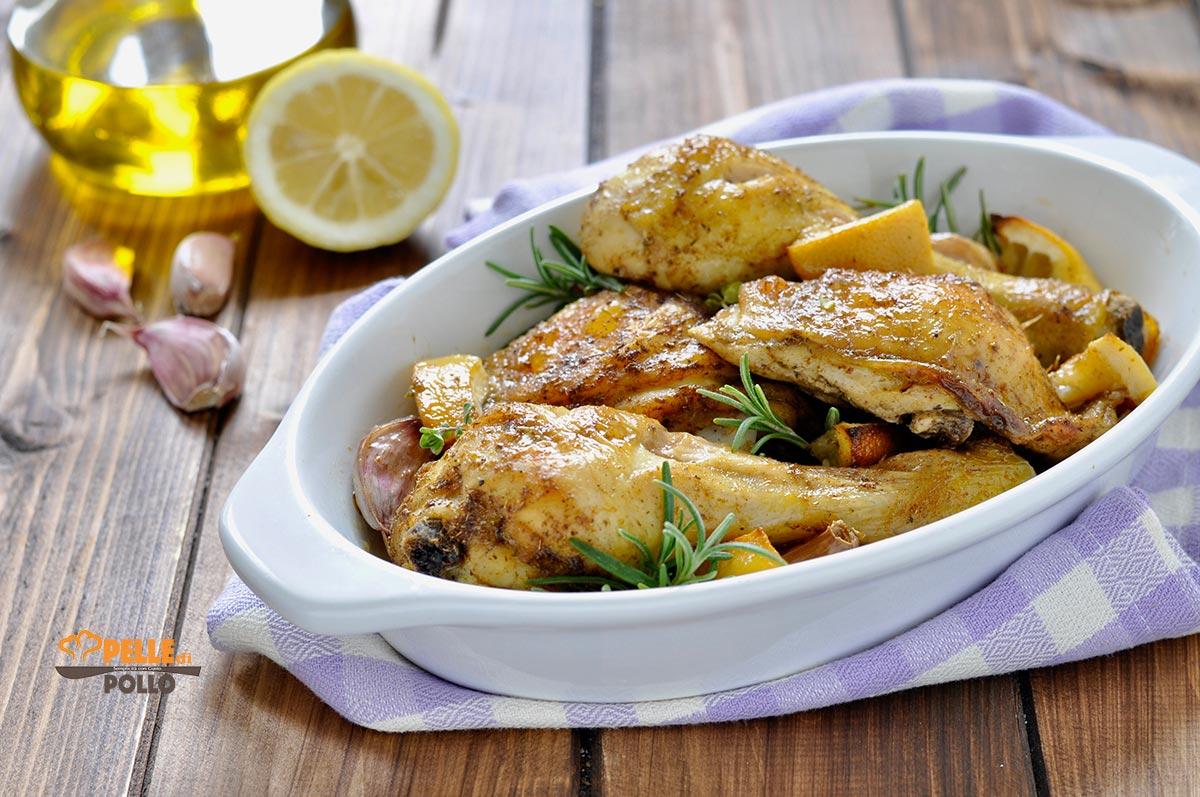 Pollo arrosto al limone, aglio e rosmarino