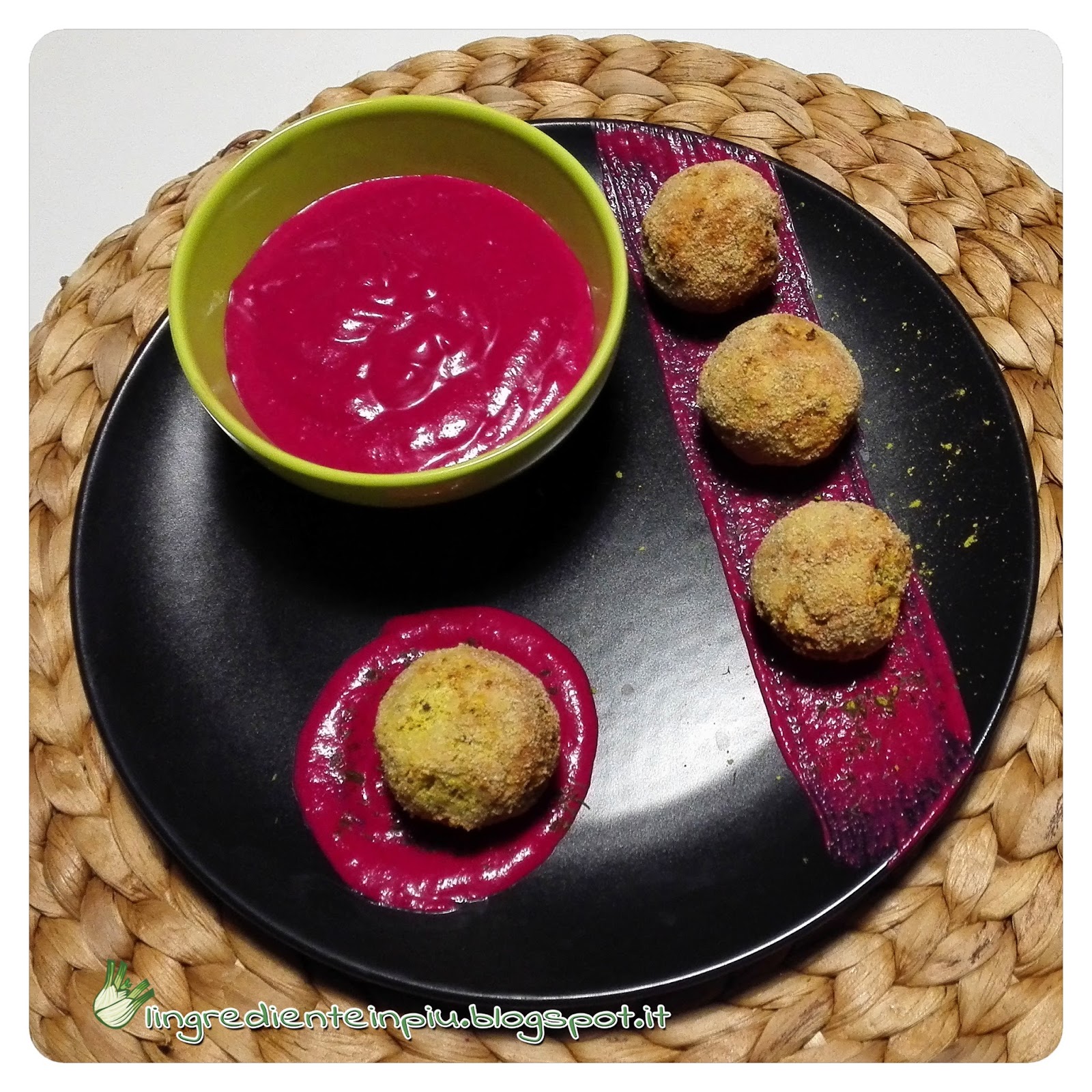 Polpette aromatiche di sedano rapa con crema di rapa rossa all’aneto