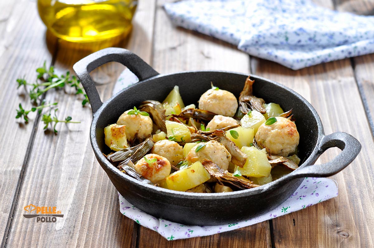 Polpette con carciofi e patate al forno