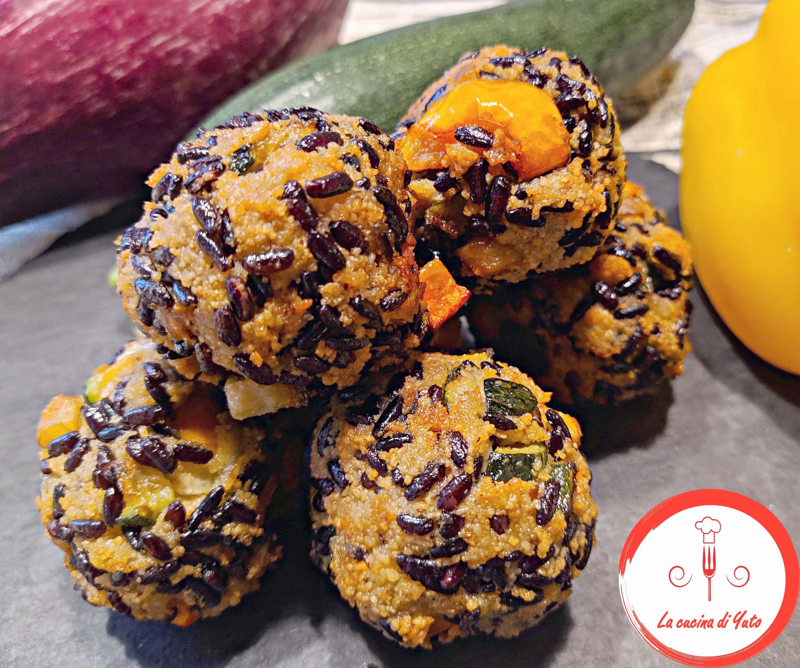 Polpette con riso venere e verdure