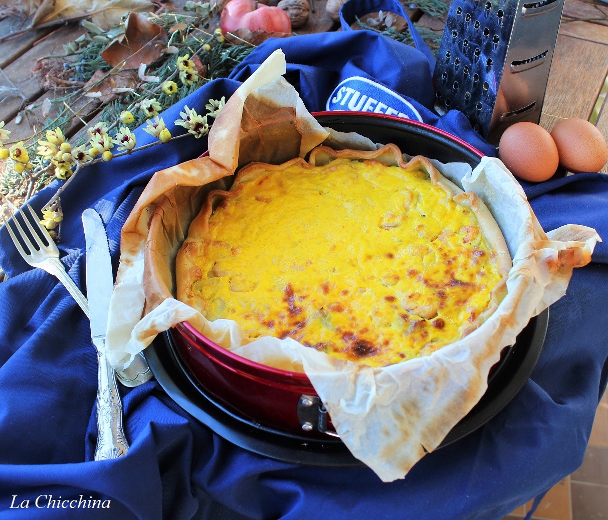 Quiche con porri, gruviera e gamberetti