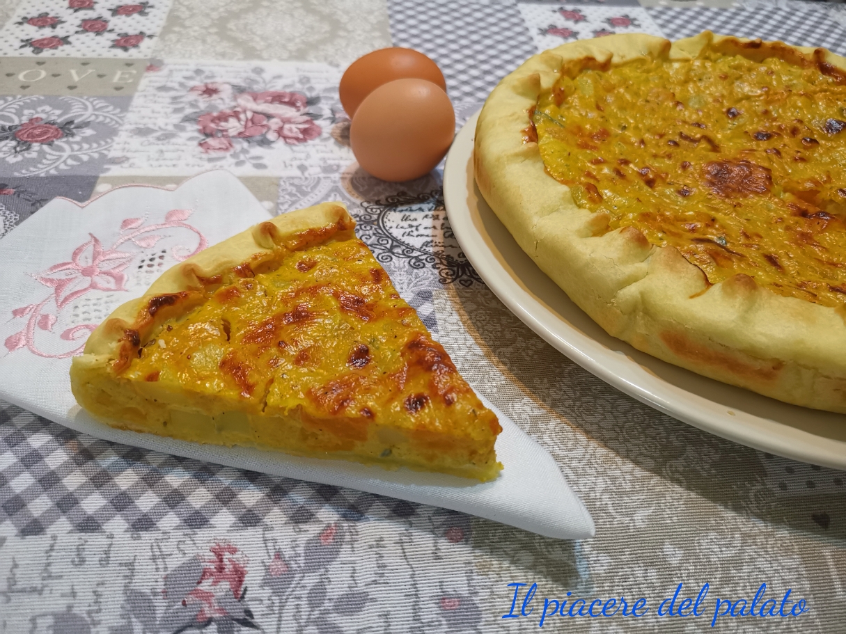 Quiche lorraine senza panna, con zucca patate e gorgonzola