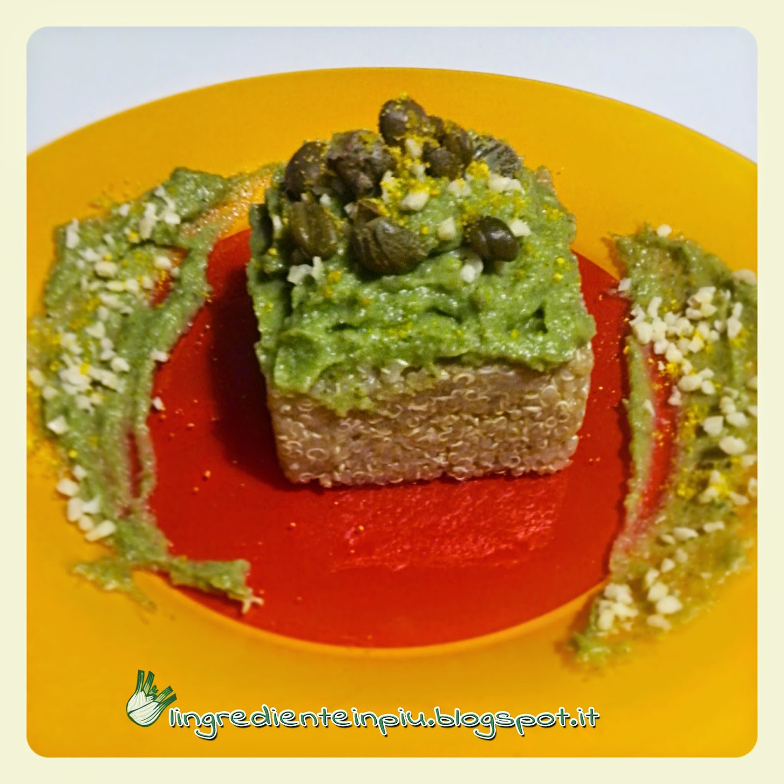 Quinoa con crema di broccolo al mandarino, con capperi e mandorle