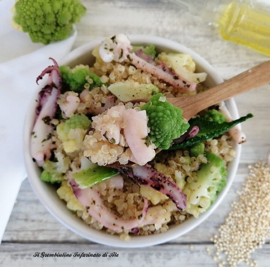 Quinoa integrale con calamari e broccoli