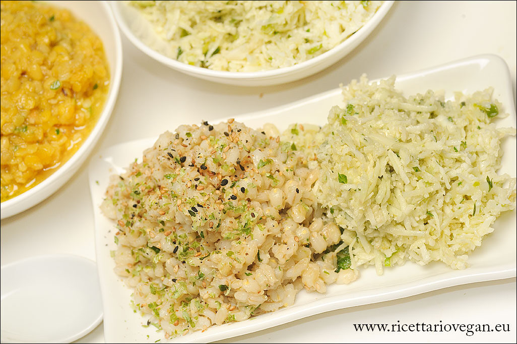 Riso di cavolfiore, orzo e lenticchie rosse e gialle