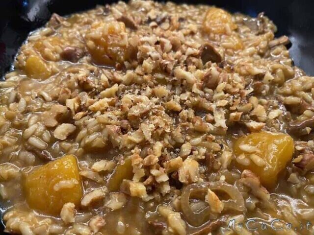 Riso integrale con zucca, funghi porcini e noci