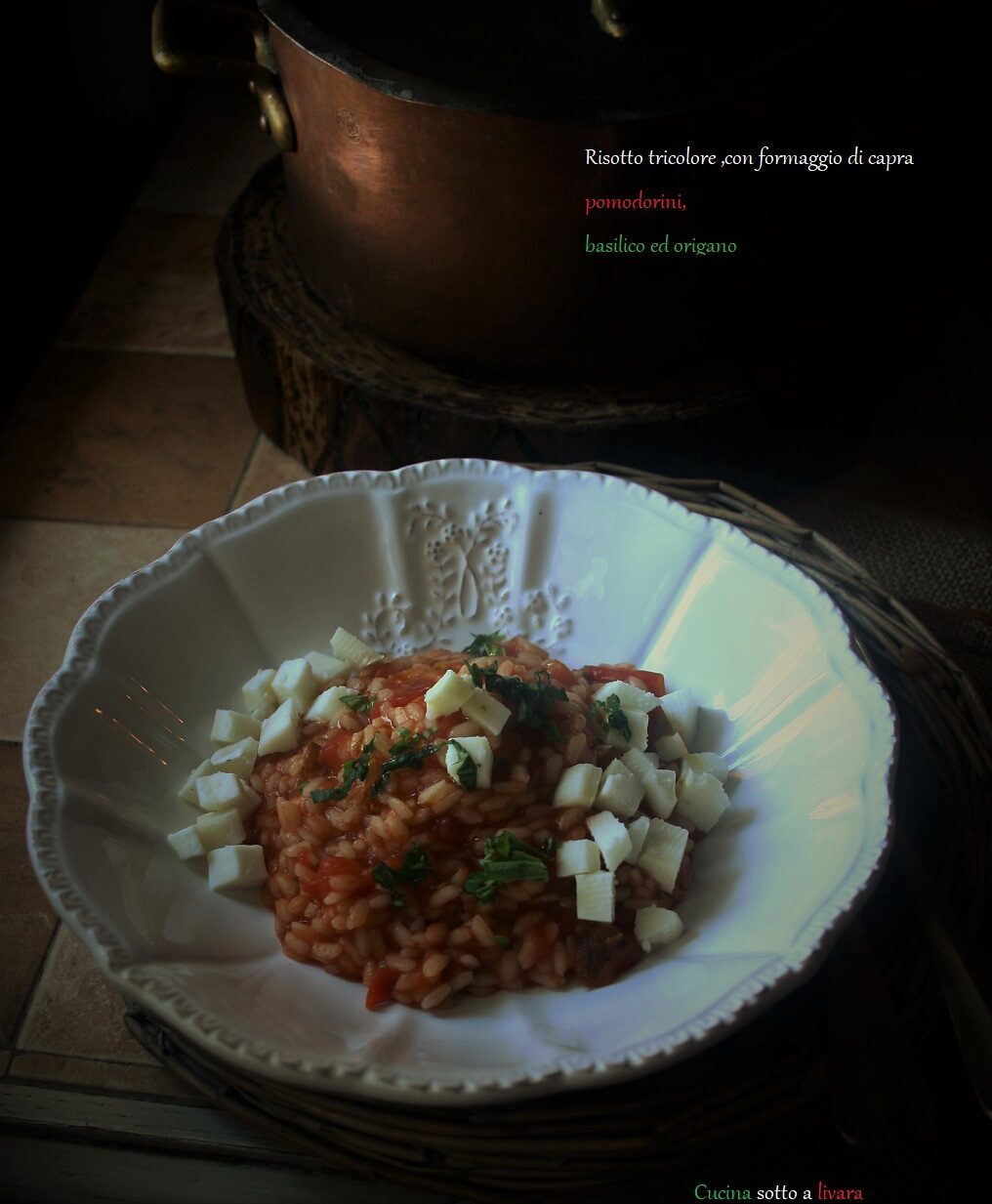 Riso tricolore con formaggio di capra pomodori e basilico