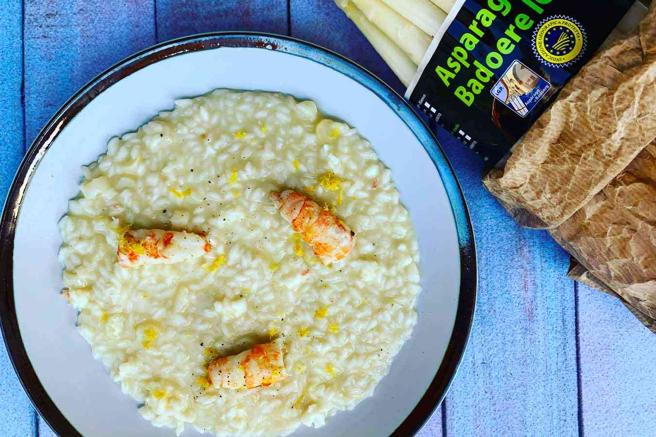 Risotto agli asparagi bianchi, scampi e limone
