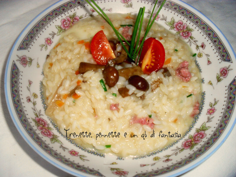 Risotto ai chiodini con salsiccia di prosciutto