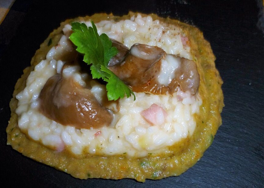 Risotto ai funghi porcini secchi con pancetta su vellutata di funghi
