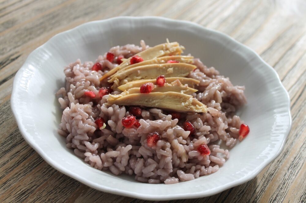 risotto al Cabernet con faraona e melograno
