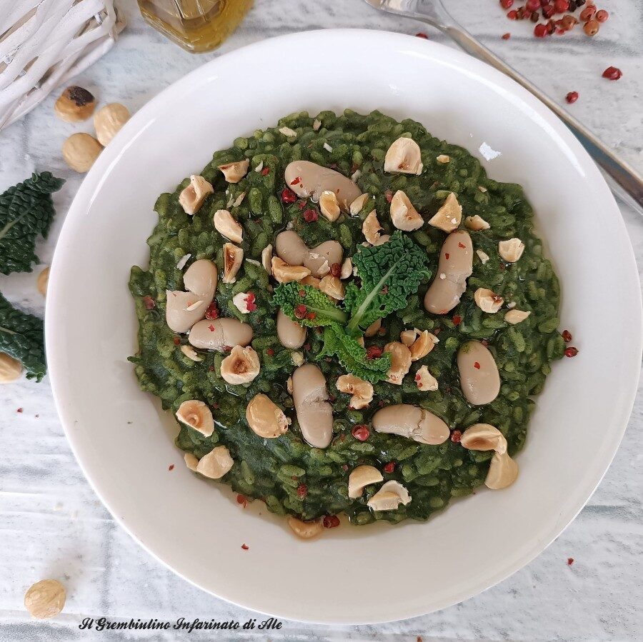 Risotto al cavolo nero, fagioli cannellini e nocciole