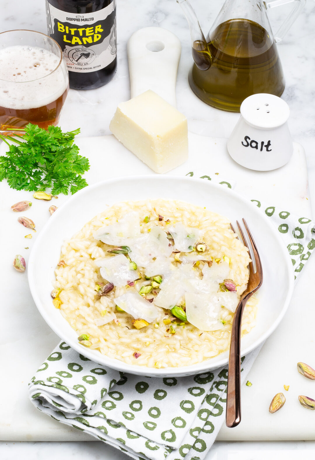 Risotto alla birra con pecorino e pistacchi