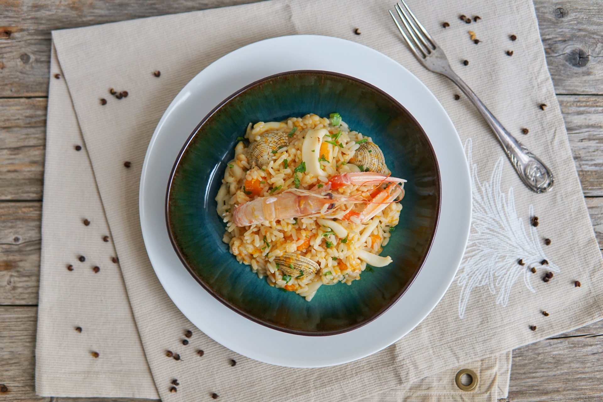 Risotto alla zucca e misto mare