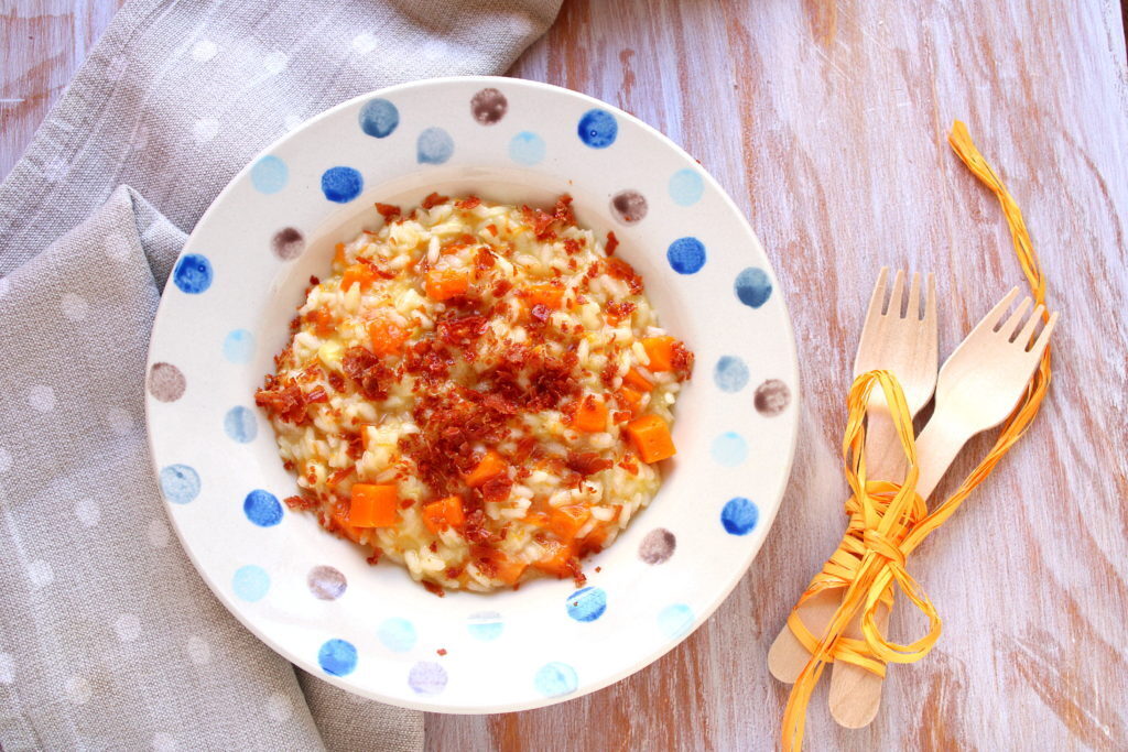 Risotto alla zucca e porri con polvere di prosciutto