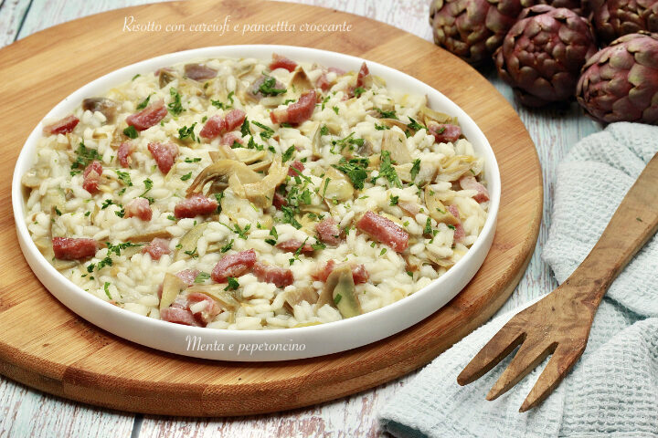 Risotto con carciofi e pancetta croccante