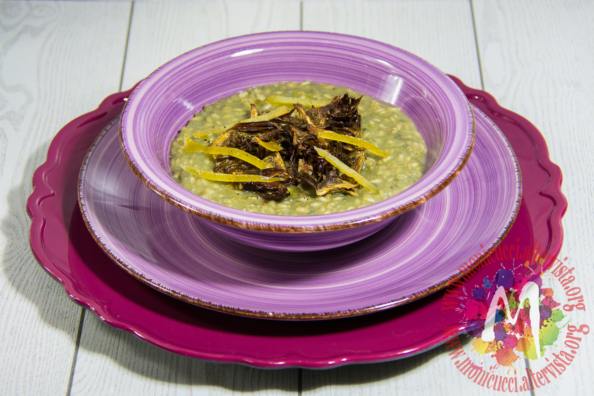 Risotto con crema di carciofi, chips e limone candito – i menù del sorriso