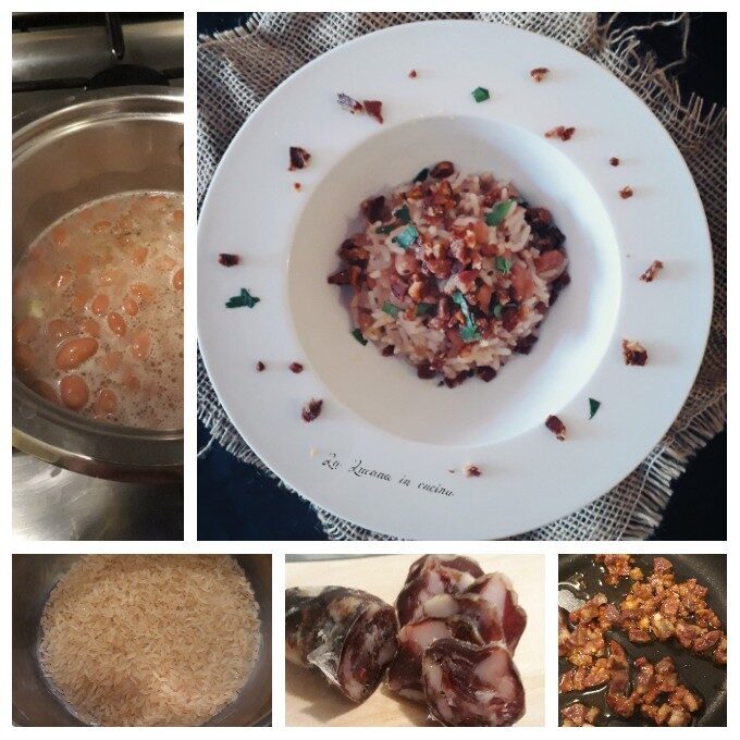 Risotto con fagioli e salsiccia di cinghiale croccante