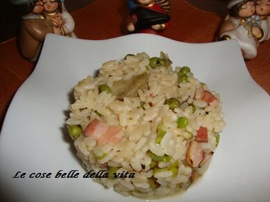 Risotto con piselli,carciofi e pancetta