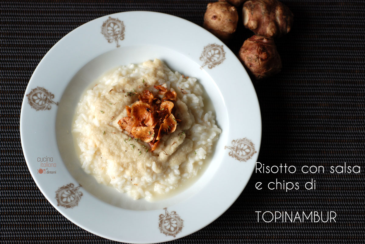 Risotto con salsa e chips di topinambur, ricetta vegetariana