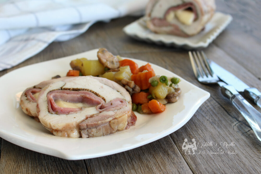Rollè di pollo farcito e verdure stufate
