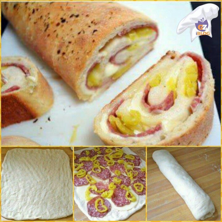 Rotolo di pasta di pane con peperoni salame e scamorza