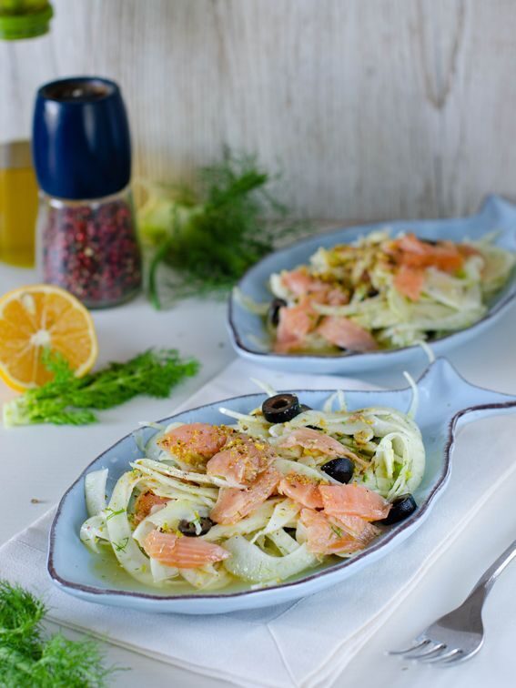 Salmone con finocchi olive ed emulsione di arancia