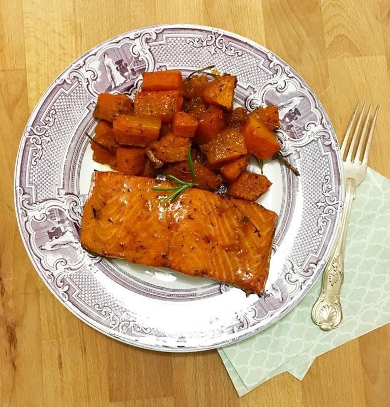 Salmone laccato e zucca caramellata