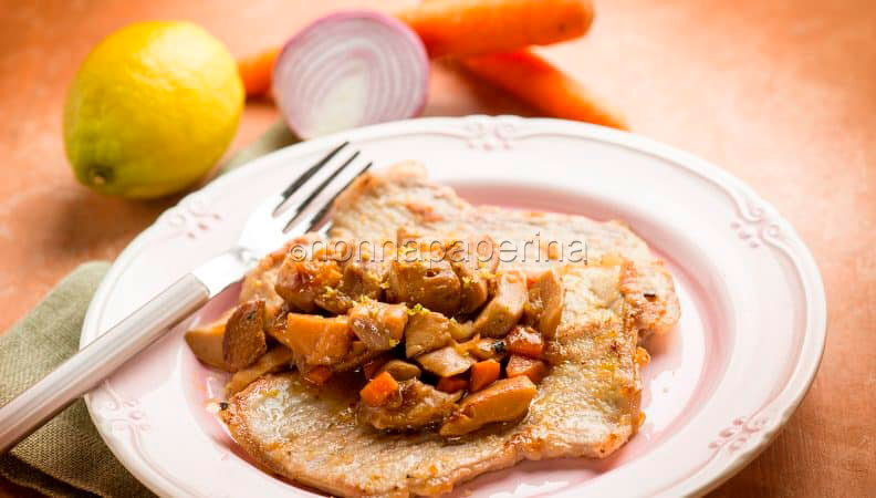 Scaloppine ai funghi, cipolle e carote, sapori d’inverno!