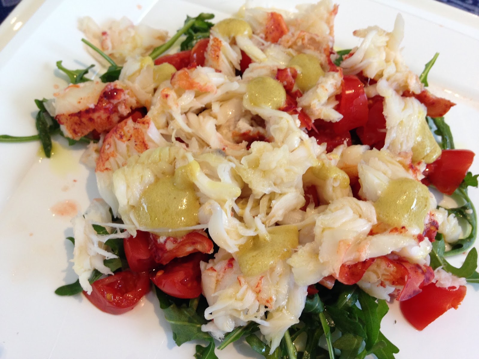 Senza bimby, insalata d’astice, rucola, pomodorini ed emulsione di senape