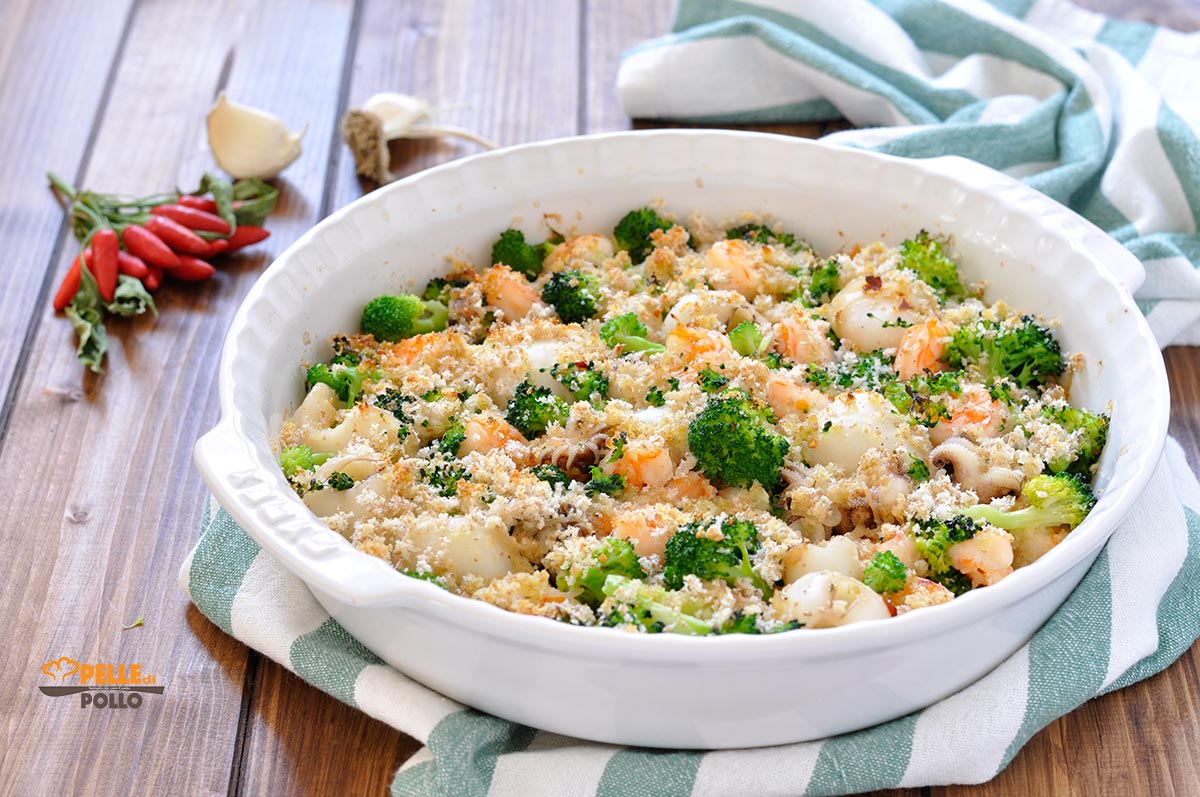 Seppie gratinate con broccoletti e gamberi