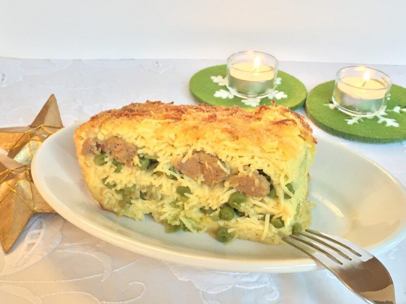 Sformato di tagliolini piselli e polpettine