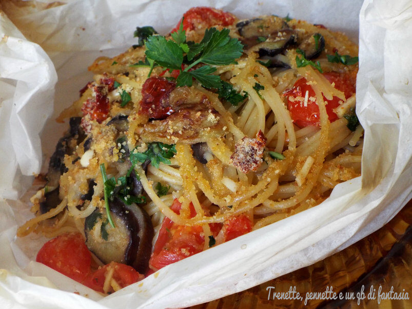 Spaghetti con melanzana al cartoccio