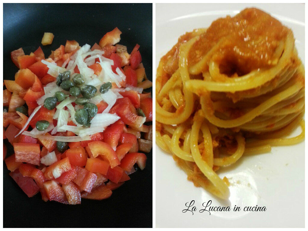 Spaghetti con peperoni e capperi