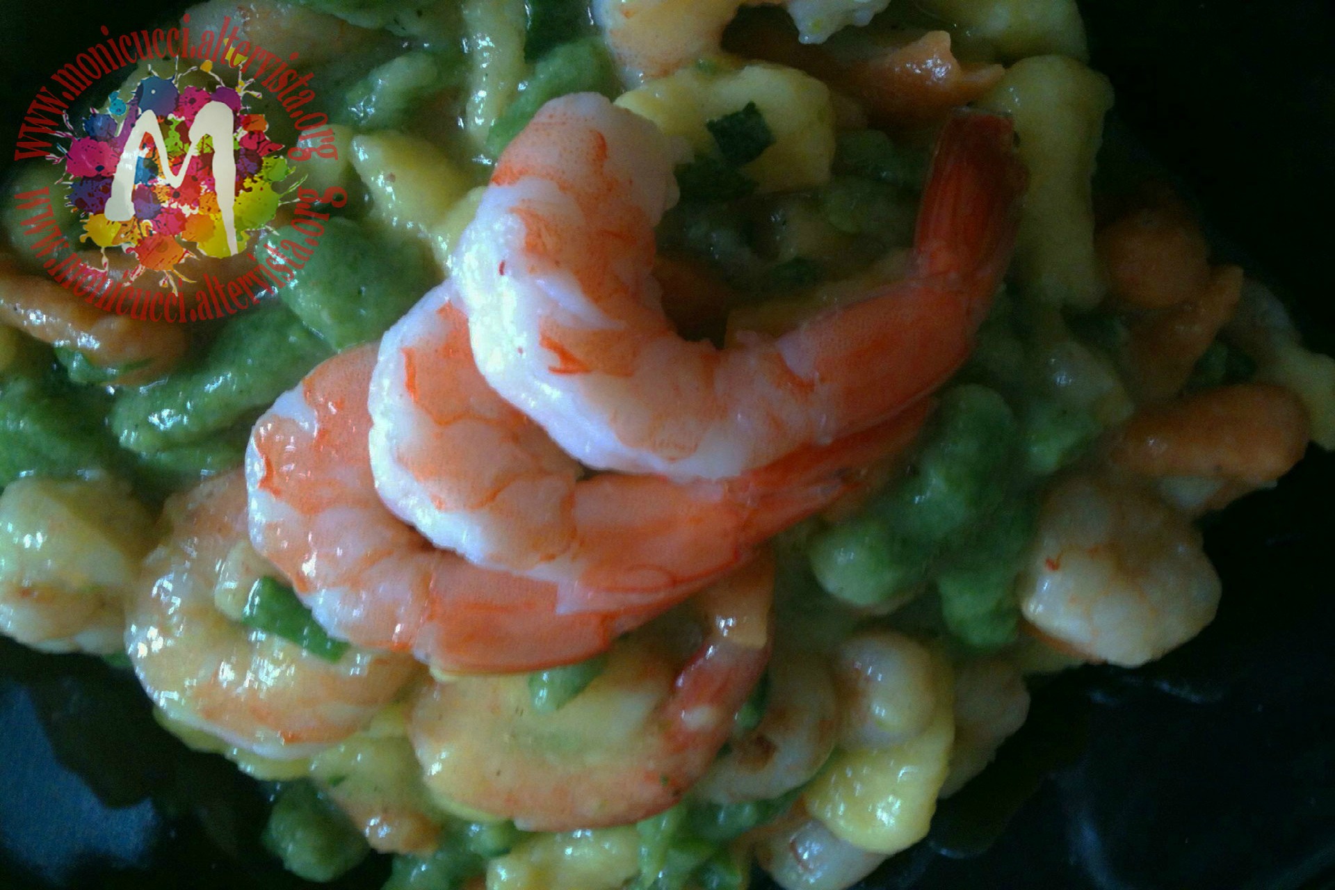Spätzle tirolesi di spinaci con topinambur e mazzancolle