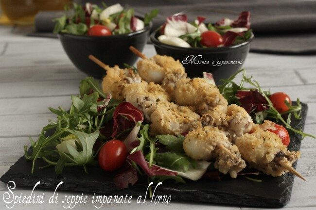 Spiedini di seppie impanate al forno