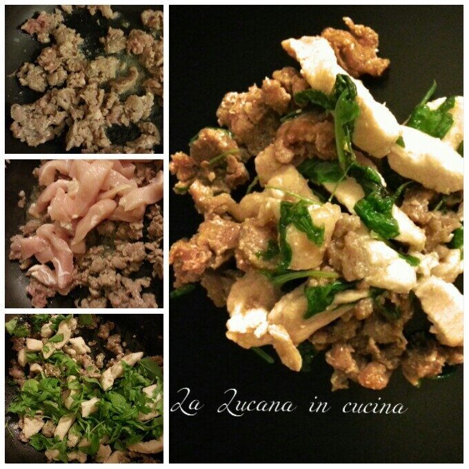 Straccetti di pollo con luganica e rucola