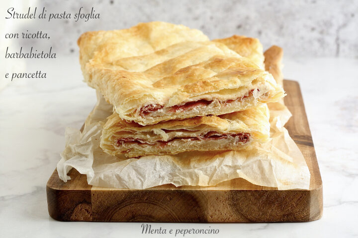 Strudel di pasta sfoglia con ricotta, barbabietola e pancetta