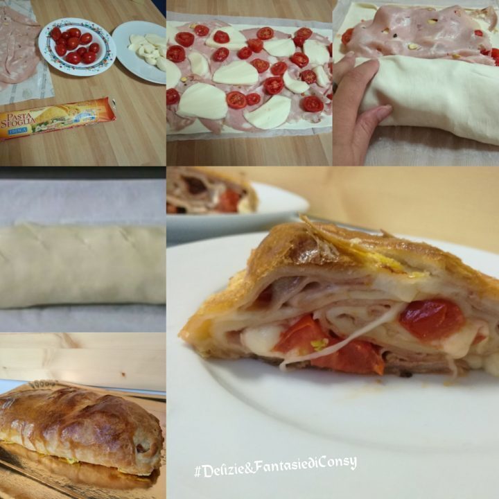 Strudel salato di pasta sfoglia con mortadella e scamorza