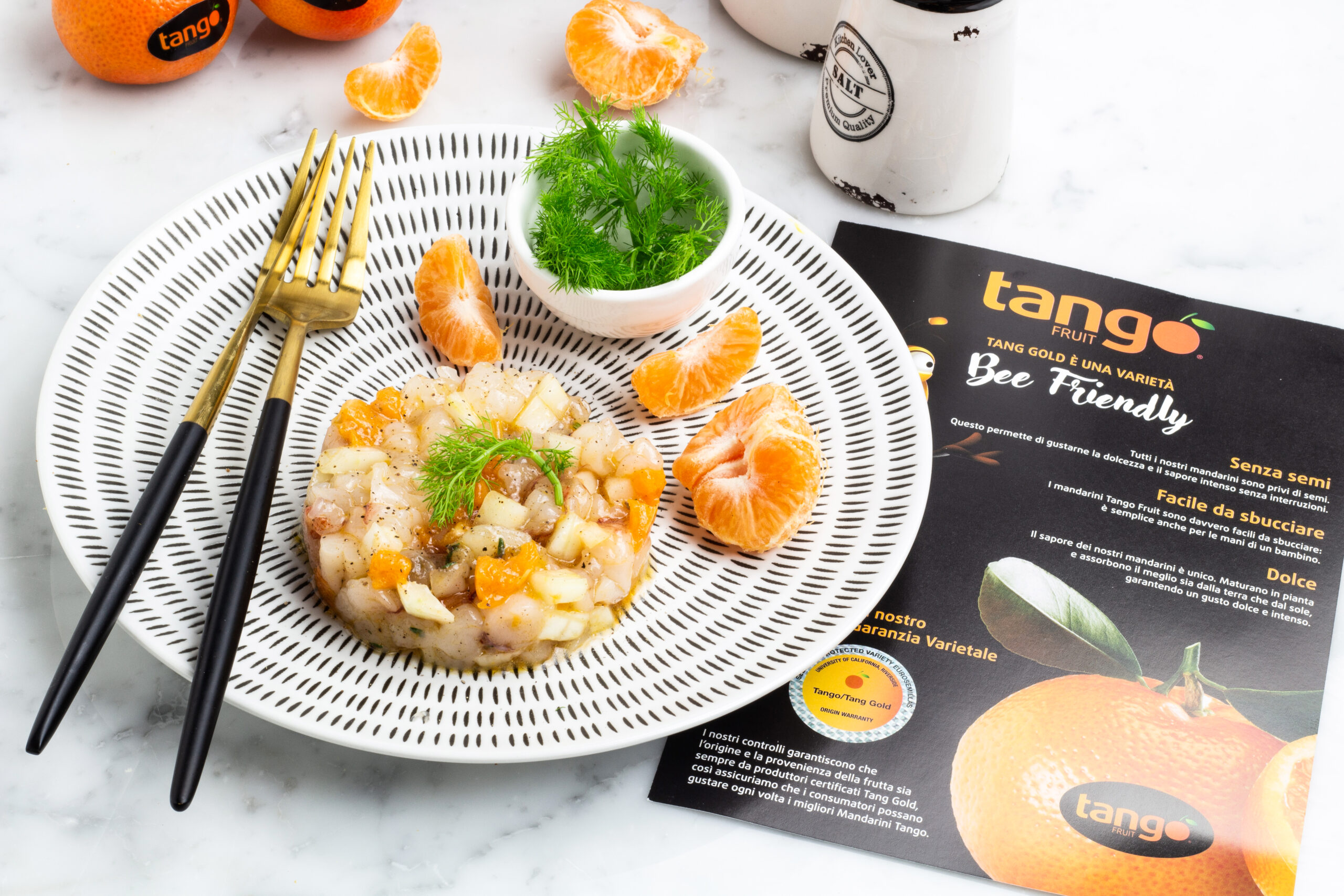 Tartare di gamberi con finocchio e mandarino