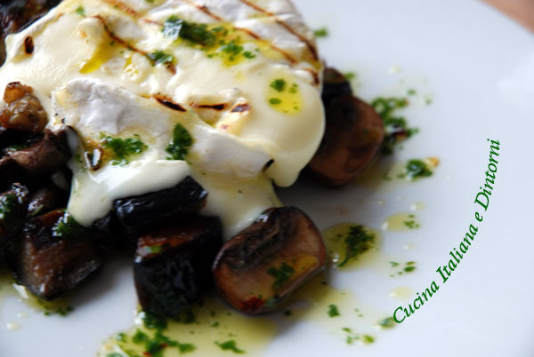 Tomino grigliato su wok di funghi e melanzane