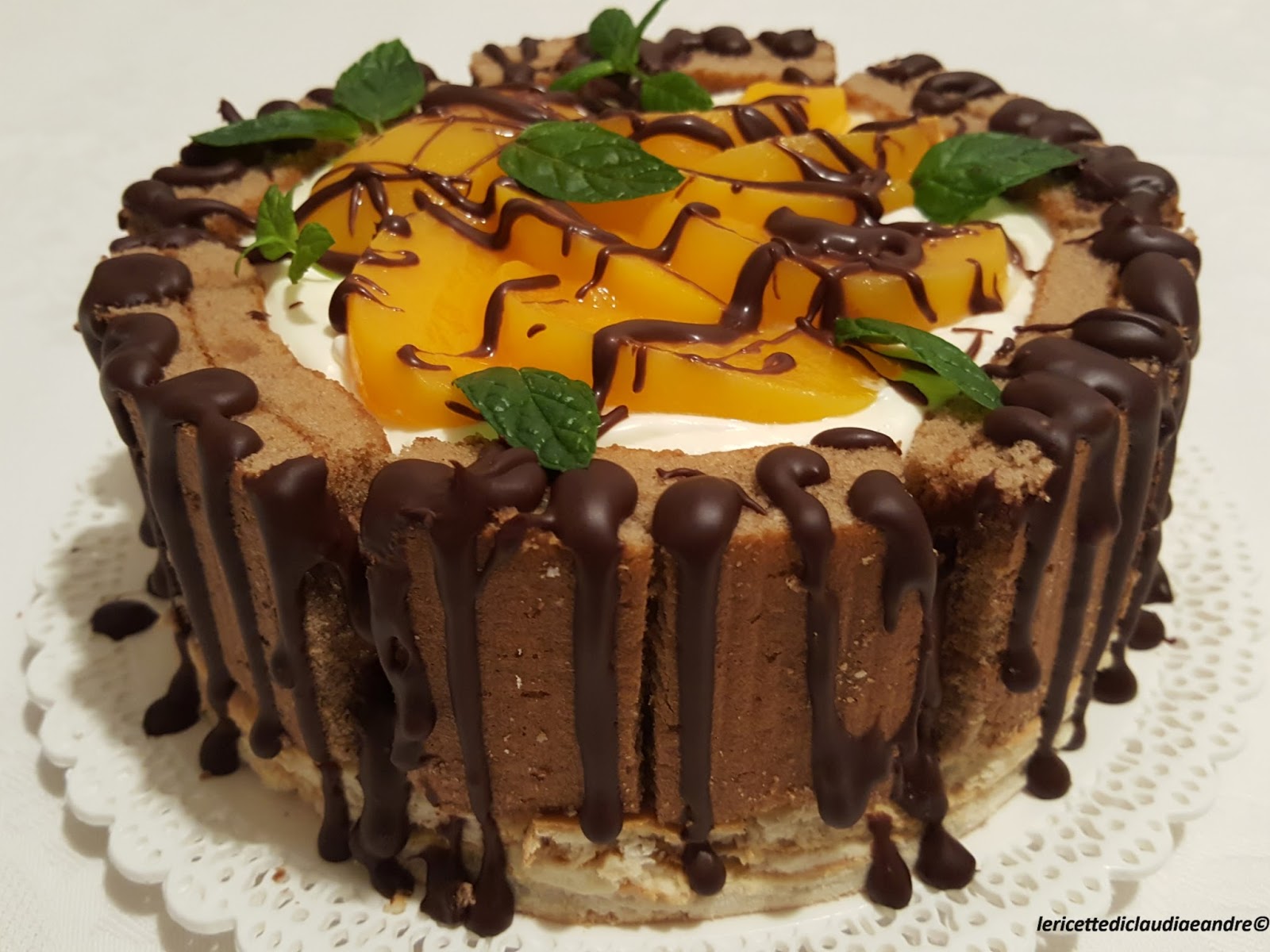 Torta cheesecake dolcetto cacao cream no lactose freddi con pesche e cioccolato