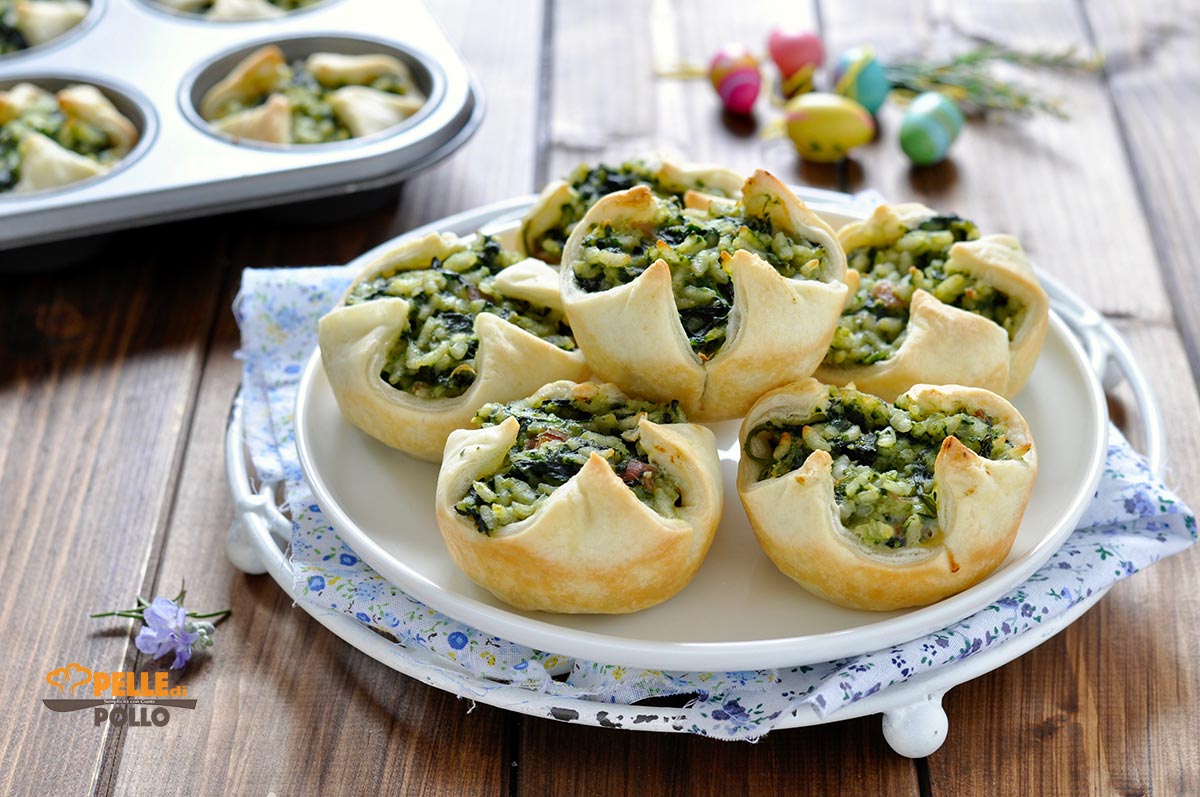 Tortini di sfoglia con riso e spinaci