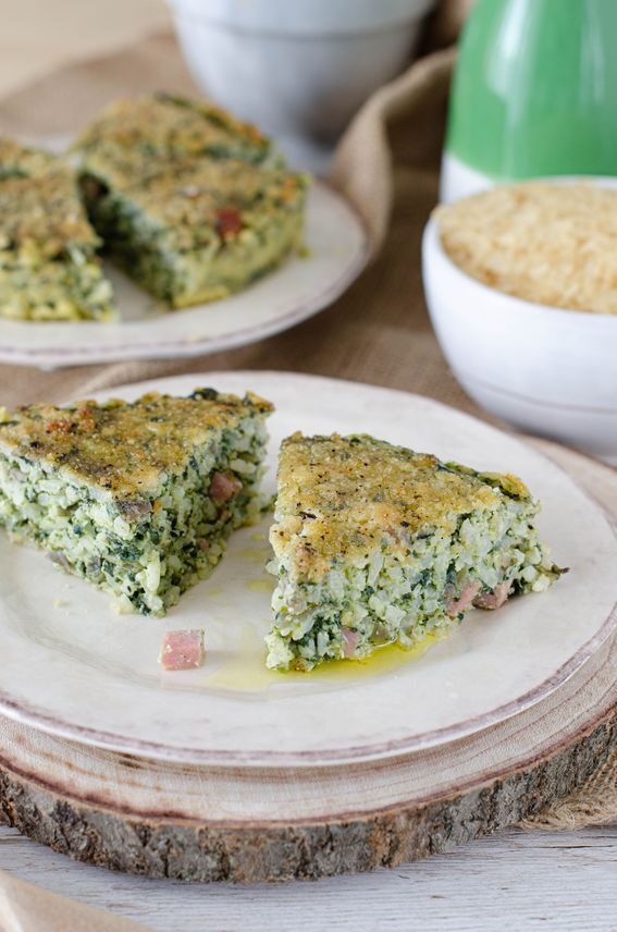Tortino di bietole e riso con prosciutto cotto in forno