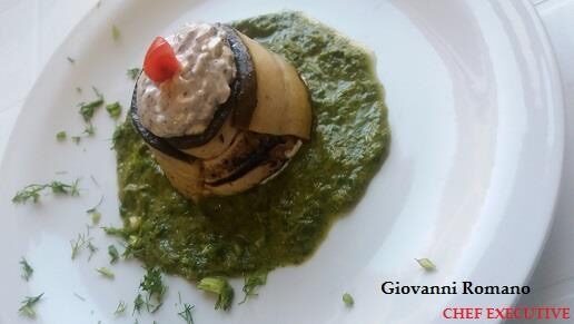 Tortino di ricotta con melenzane grigliate su pesto di rucola